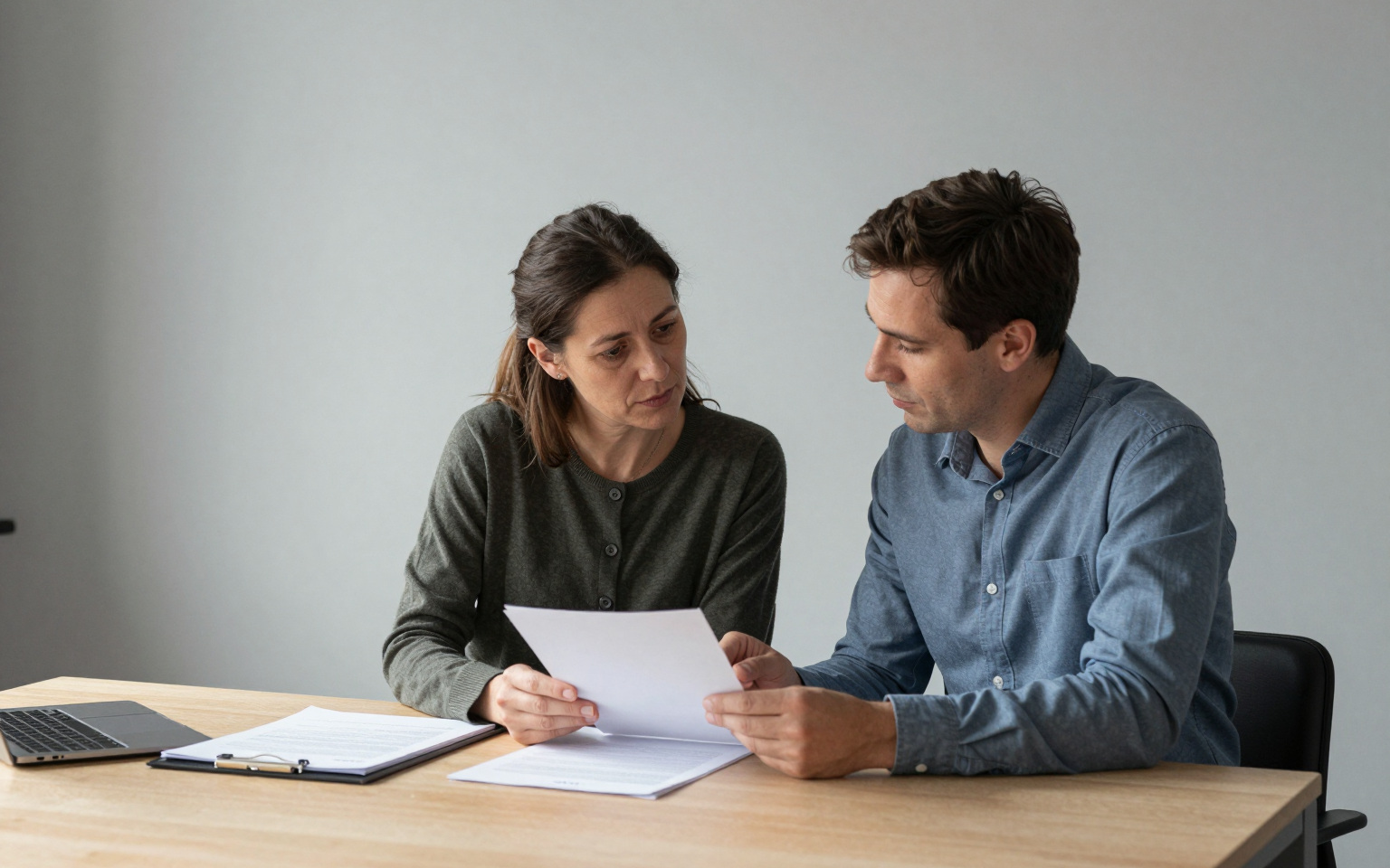 Zwei Personen prüfen gemeinsam eine Unterlage und besprechen eine Entscheidung.