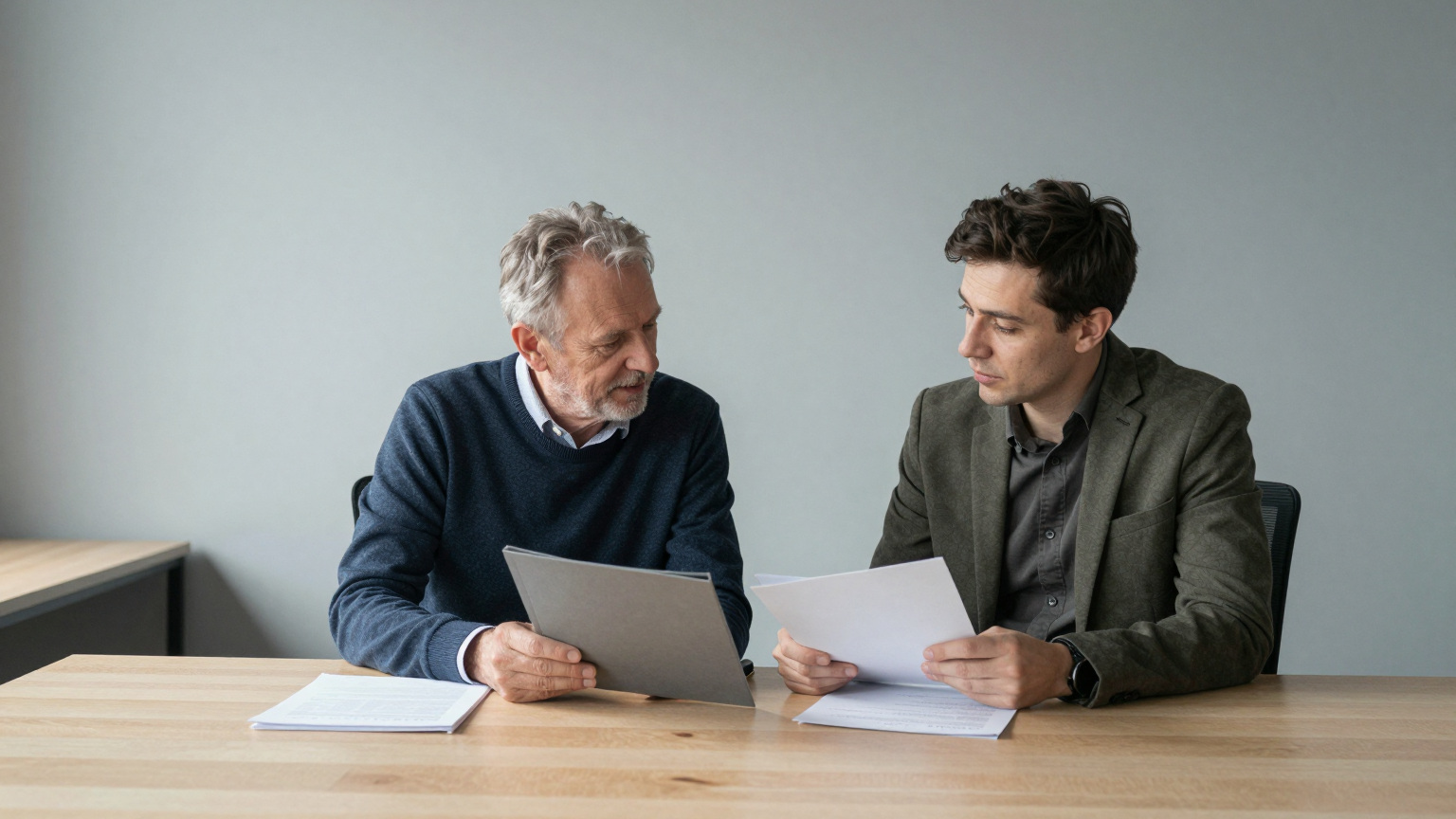 Zwei Personen unterschiedlicher Generationen besprechen Unterlagen zur Vorbereitung einer Übergabe.