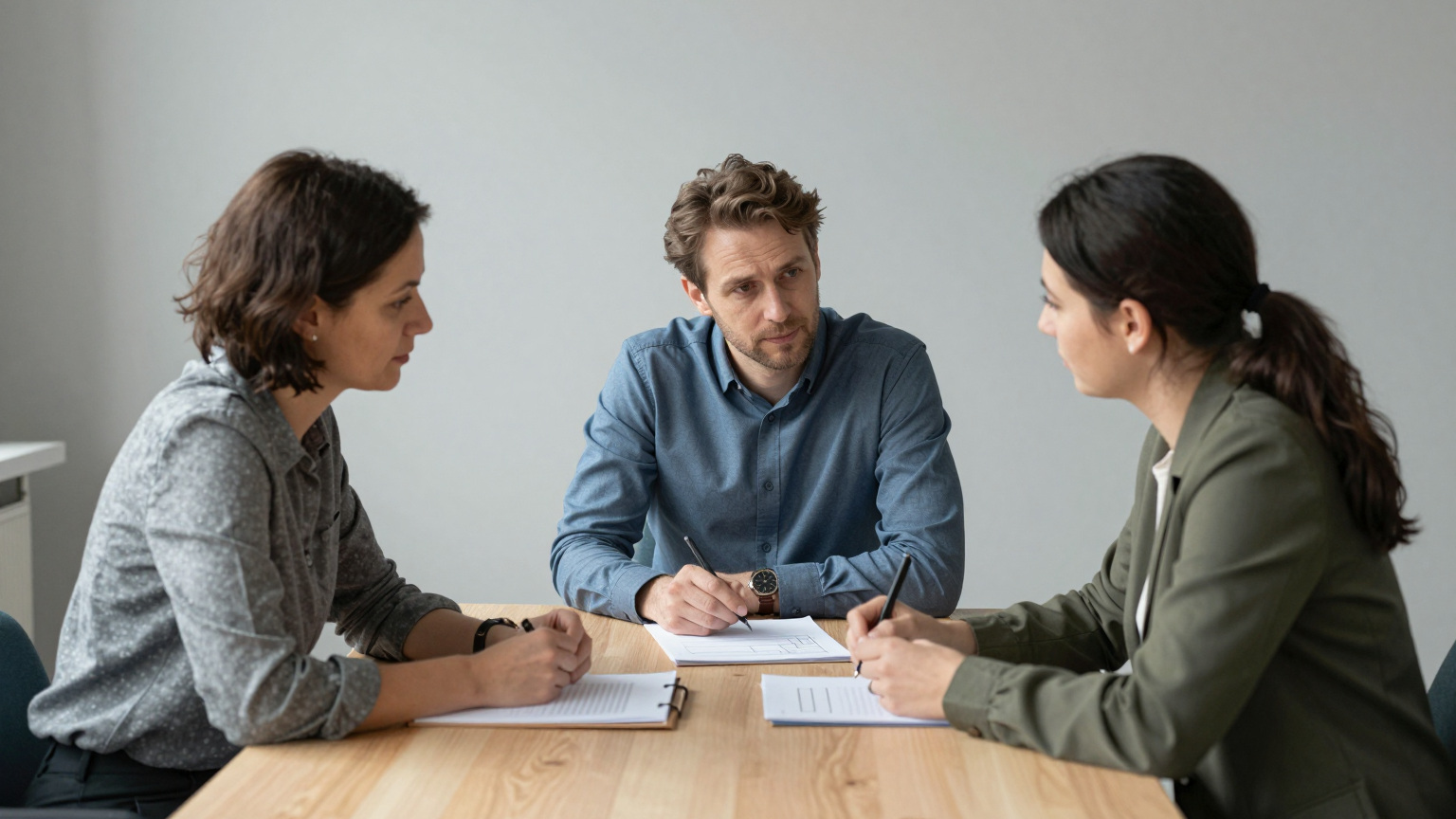 Drei Personen besprechen Aufgaben, Beiträge und Zusammenarbeit anhand einer Unterlage.